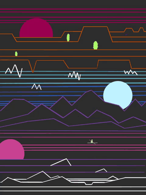 a colorful drawing of a landscape with mountains and the moon