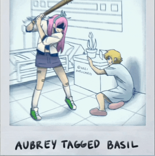 a drawing of a girl with a bat and the words aubrey tagged basil below her