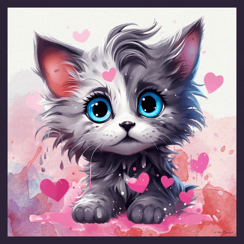 a painting of a kitten with big blue eyes