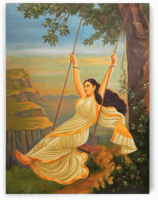 a painting of a woman sitting on a swing with mountains in the background