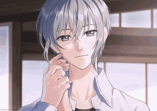 a drawing of a boy with gray hair and blue eyes is titled kimureona.com