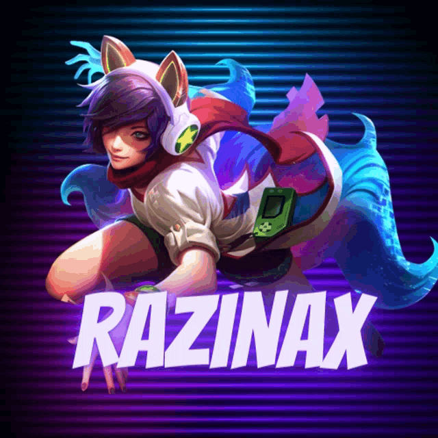 a picture of a girl with headphones and the name razinax on the bottom