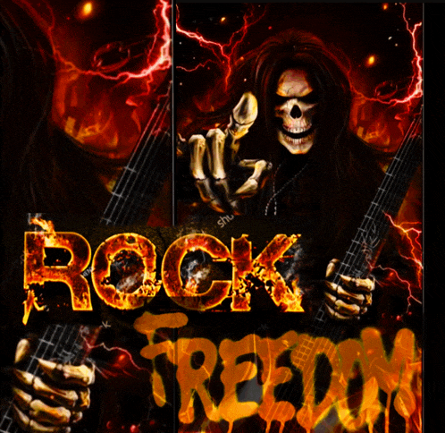 a poster with a skeleton holding a guitar and the words rock freedom on the bottom