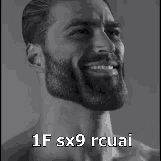 a man with a beard is smiling with the words 1f sx9 rcuai above him