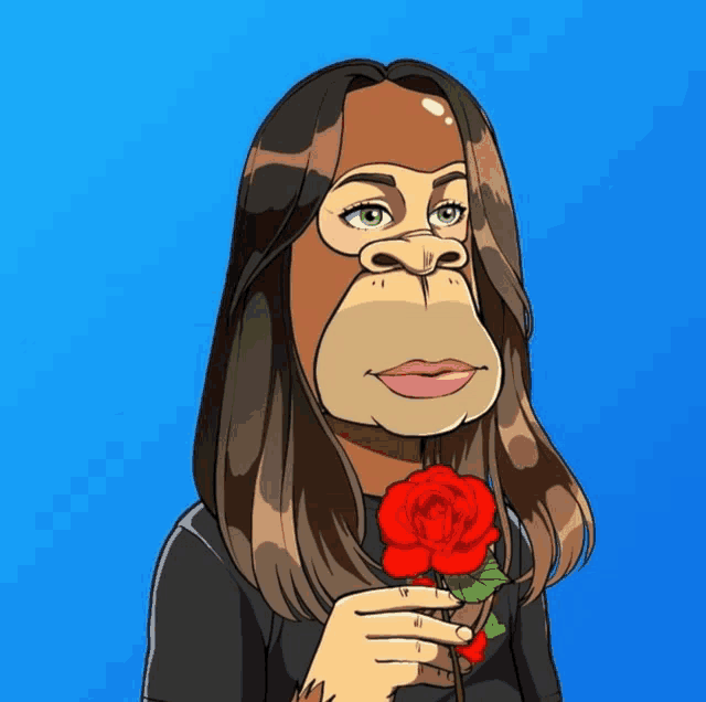 a cartoon drawing of a woman with a gorilla face holding a red rose