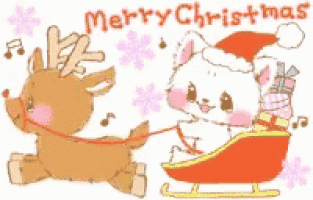 a reindeer pulling a sleigh with a cat in it and the words merry christmas on the bottom