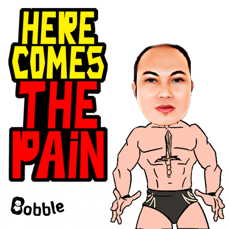 a cartoon of a man with the words here comes the pain below him