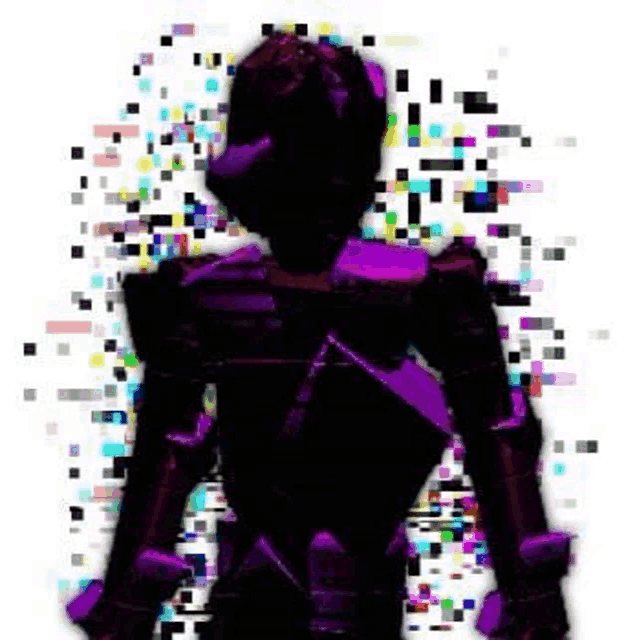 a purple robot is standing in front of a white background with a lot of purple pixels .