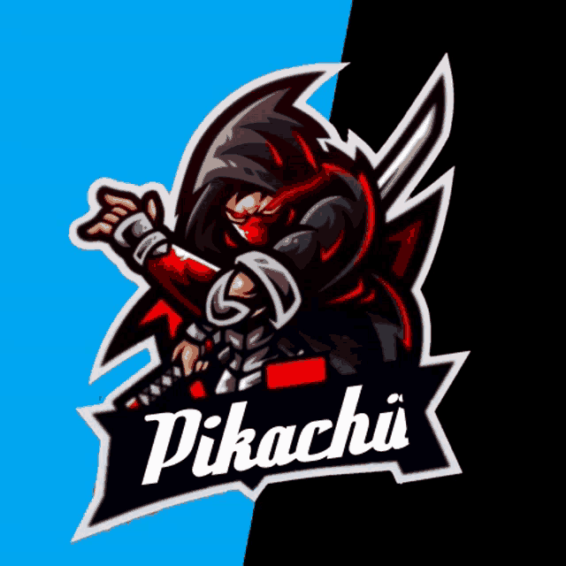 a logo for pikachu shows a ninja with a sword in his hand