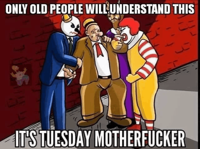 a cartoon of three clowns standing next to each other with the caption only old people will understand this