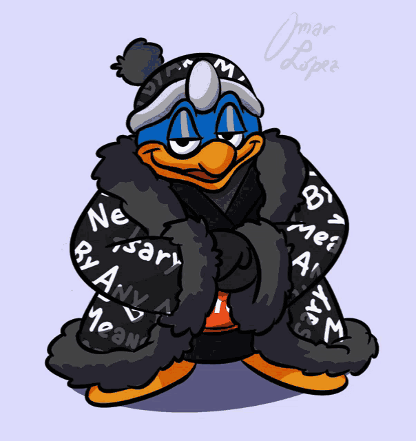 a cartoon of a duck wearing a fur coat and a hat with the name omar lopee on the bottom