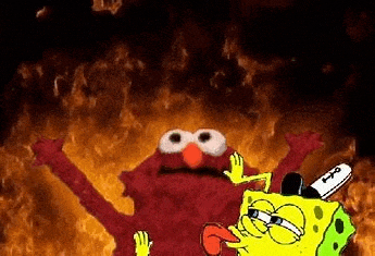 elmo and spongebob are standing next to each other in a fire .