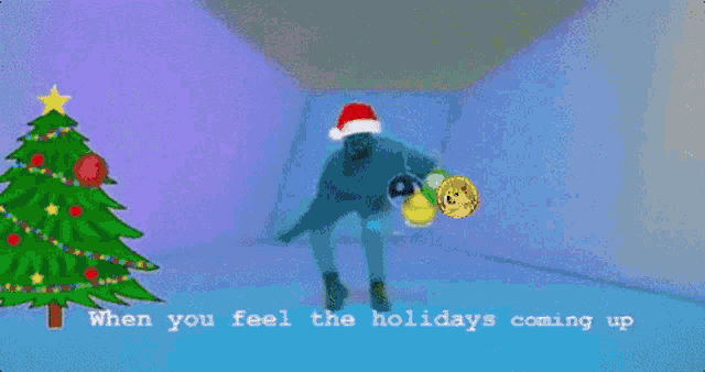 a man wearing a santa hat is dancing on a purple background with the words when you feel the holidays coming up .