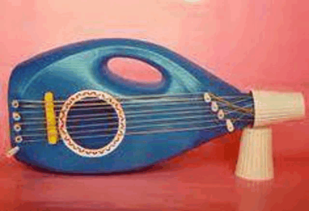 a blue guitar made out of a bottle of soap