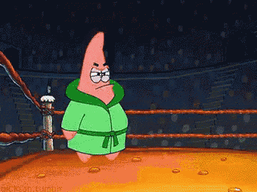 patrick star from spongebob squarepants is standing in a boxing ring wearing a green robe