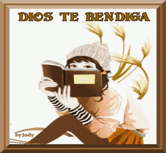 a picture of a girl reading a book with the words dios te bendiga on the bottom