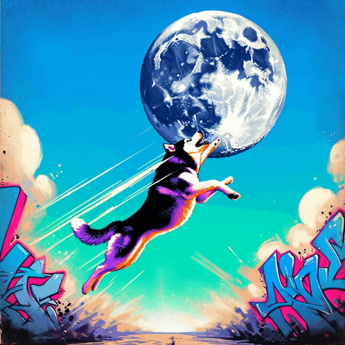 a painting of a husky flying through the air with a full moon in the background