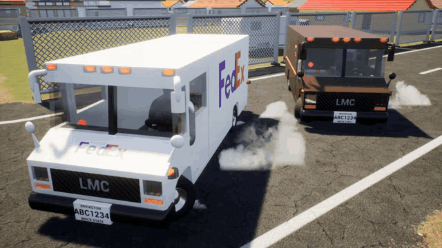 a fedex truck and a lmc truck are parked next to each other