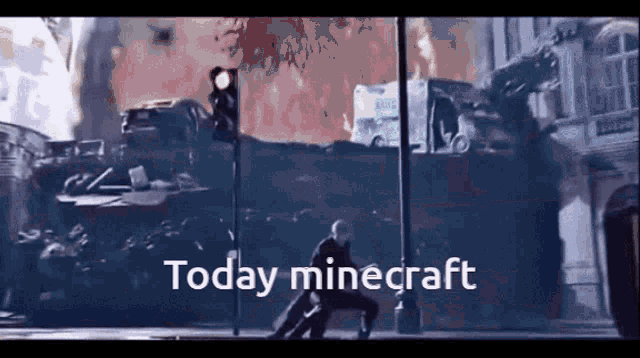 a man walking down a street with the words today minecraft on the bottom right