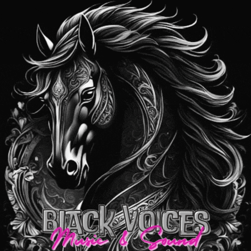 a black and white drawing of a black horse with the words black voices written below it