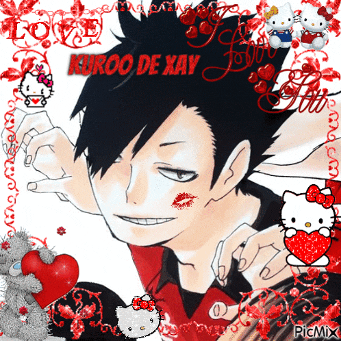 a picture of kuroo de xay with hello kitty and a red heart