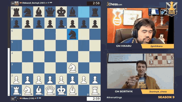 a chess game between gm hikaru and gm bortnyk is being played on chess.com