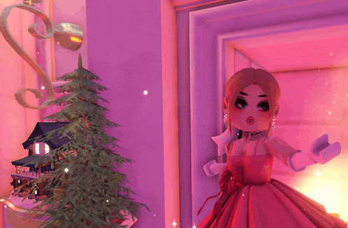 a cartoon girl in a red dress is standing in front of a christmas tree