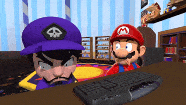 two cartoon characters are sitting at a desk with a keyboard . one of the characters is wearing a purple hat .