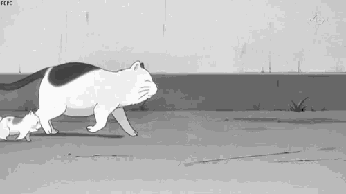 a black and white drawing of a cat and a kitten with pepe written on the bottom right