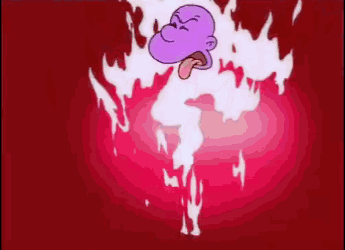 a cartoon character with a purple head and tongue sticking out is surrounded by flames and smoke .
