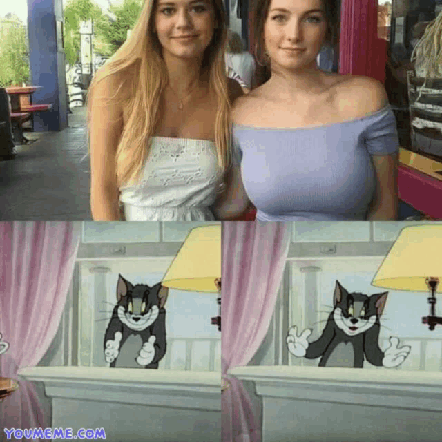 two women standing next to each other with a picture of tom and jerry on the bottom