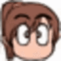 a cartoon character with brown hair and white eyes .