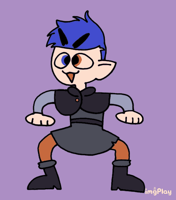 a cartoon drawing of a person with blue hair and a purple background that says imgplay on the bottom