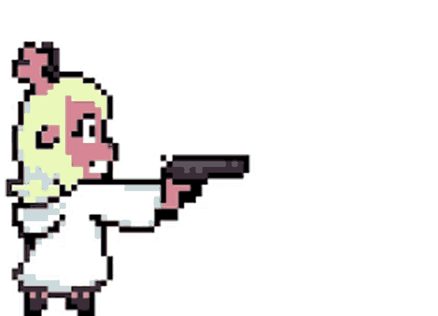 a pixel art illustration of a sheep holding a gun .