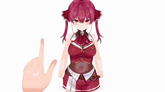 a girl with red hair is standing next to a hand that is pointing up