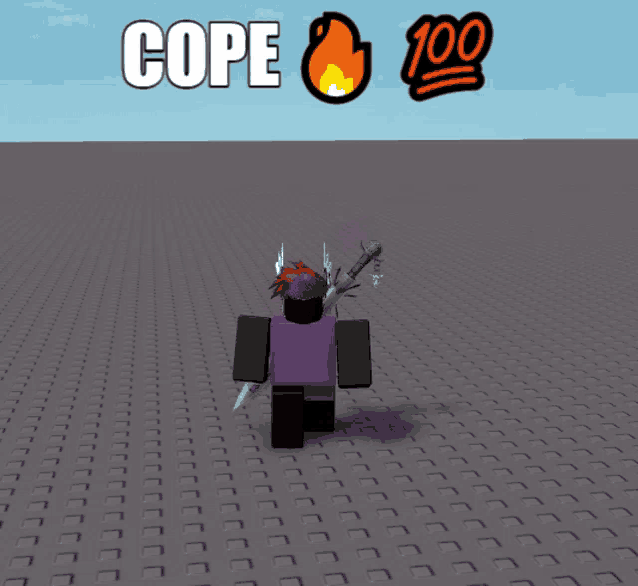 a cartoon character with a purple shirt and black pants is standing in front of a sign that says cope and 100