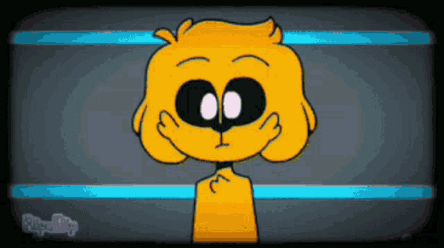 a cartoon of a yellow dog with black eyes and the word ring-ring on the bottom