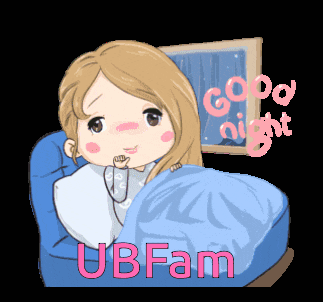 a cartoon girl laying in bed with the words good night ubfam