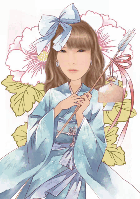 a drawing of a girl in a blue kimono