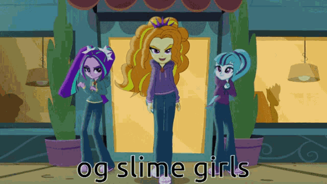 a cartoon of three girls standing in front of a building with the words og slime girls