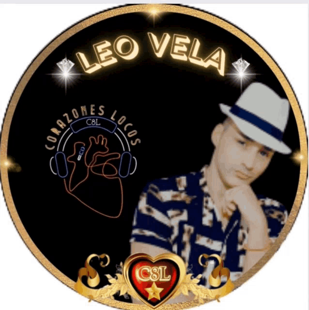 a leo vela logo with a man wearing a hat