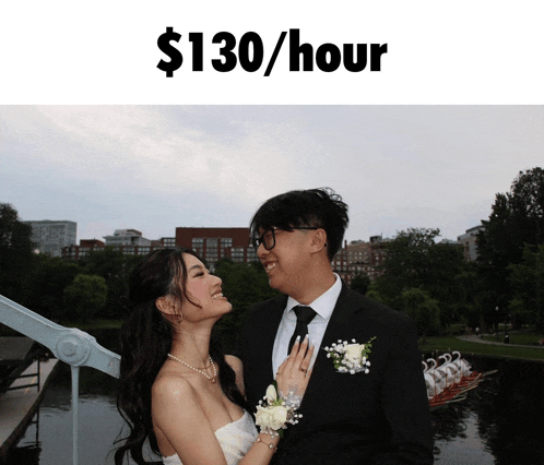 a picture of a bride and groom with the price of $ 130 / hour written above them