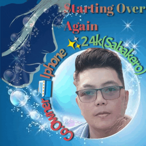 a man with glasses is surrounded by bubbles and the words starting over again