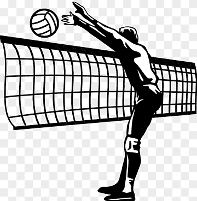 a black and white drawing of a volleyball player jumping to block a ball .