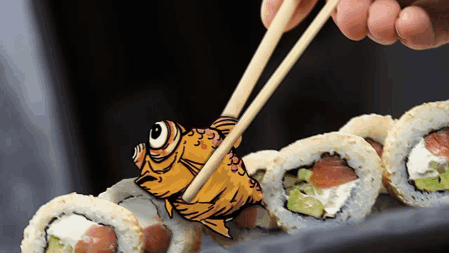 a person is holding chopsticks over a sushi roll with a fish on top