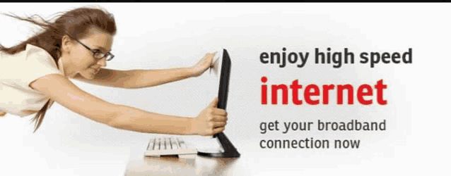 an advertisement for high speed internet shows a woman reaching for a computer screen