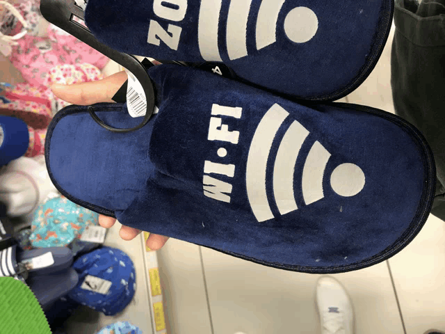 a pair of blue slippers that say wi fi