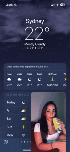 a phone screen shows the temperature in sydney at 22 degrees celsius