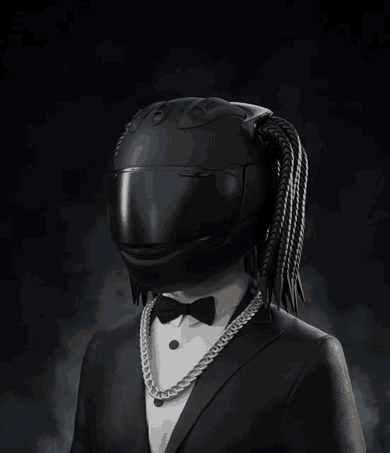 a man wearing a suit and a helmet with dreadlocks on it