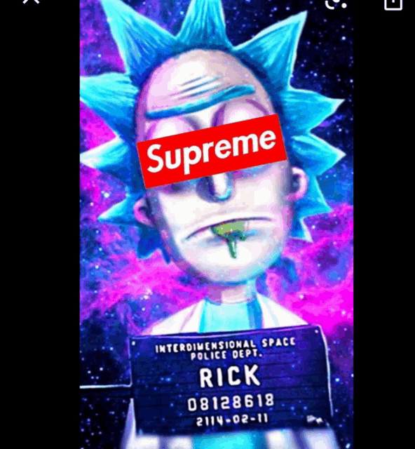 a picture of rick from rick and morty with a supreme logo on his head